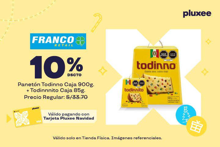 10% DSCTO. PANETÓN TODINNO CAJA 900G. + TODINNNITO CAJA 85G. PRECIO REFERENCIAL A S/.33.70 VÁLIDO SOLO EN TIENDAS FISICAS.